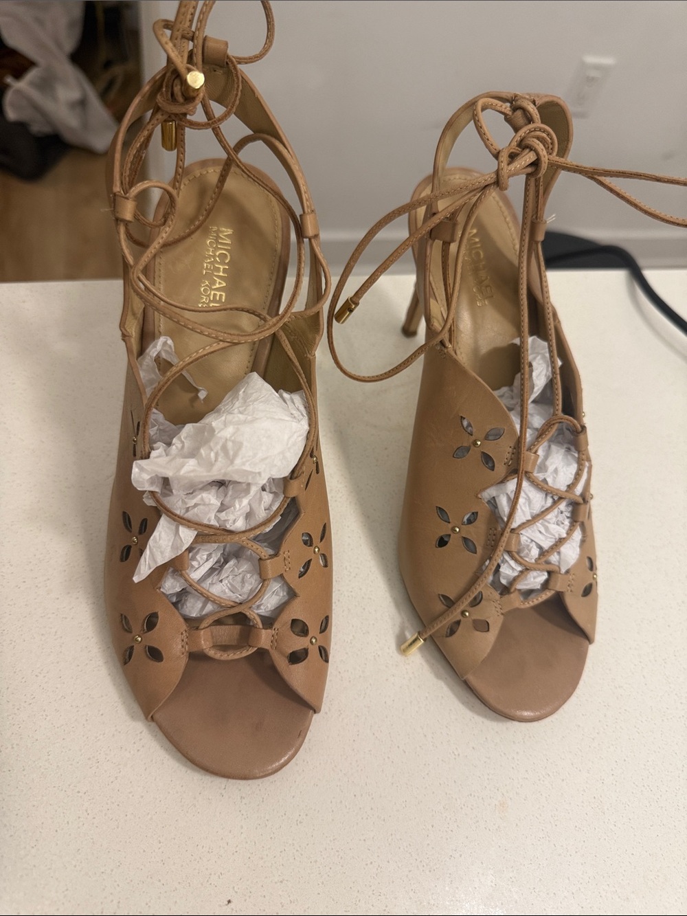 MICHAEL Michael Kors Tan Lace-Up Peep-Toe Heels with Floral Cutouts